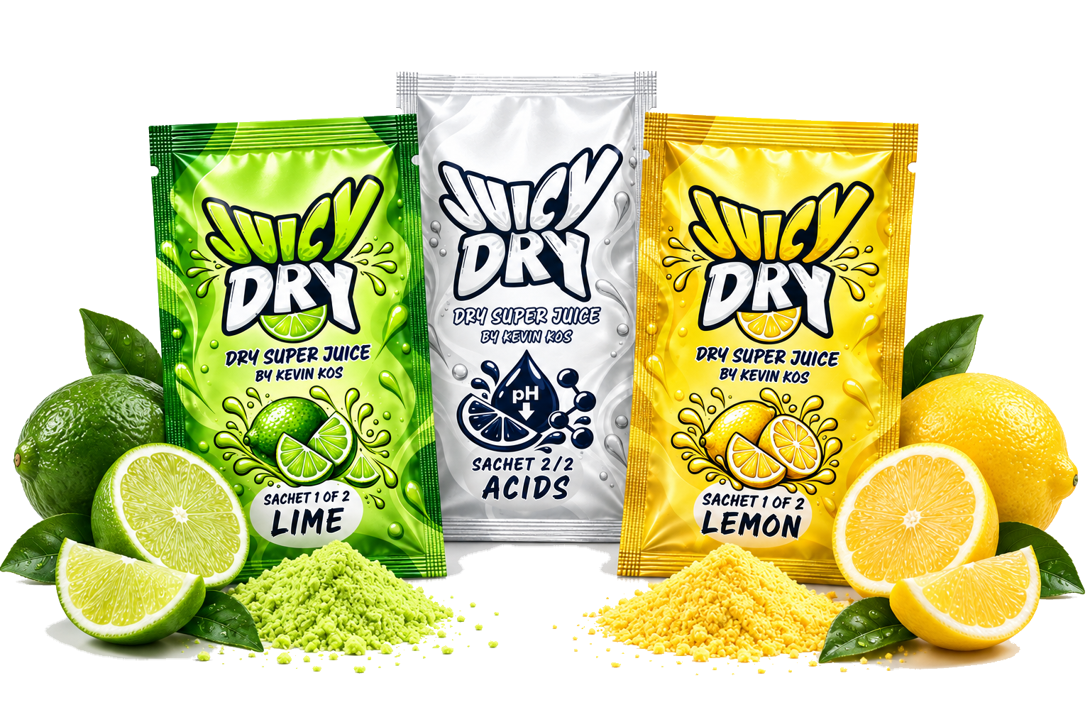 JuicyDry™ Lime, Acids and Lemon sachets with citrus fruit and powders